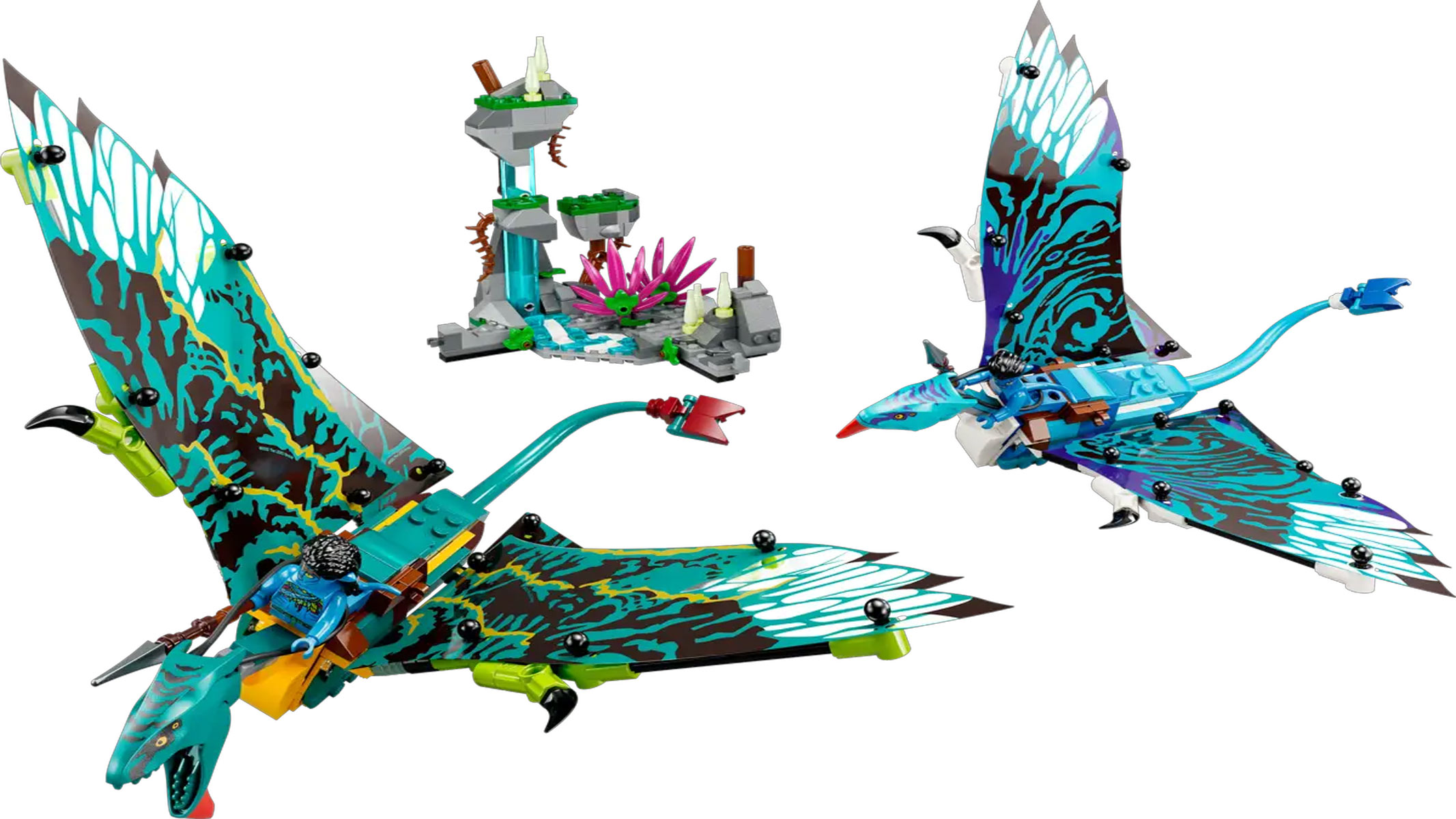 To brick-built winged animals are flying above a brick-built structure on a white background.