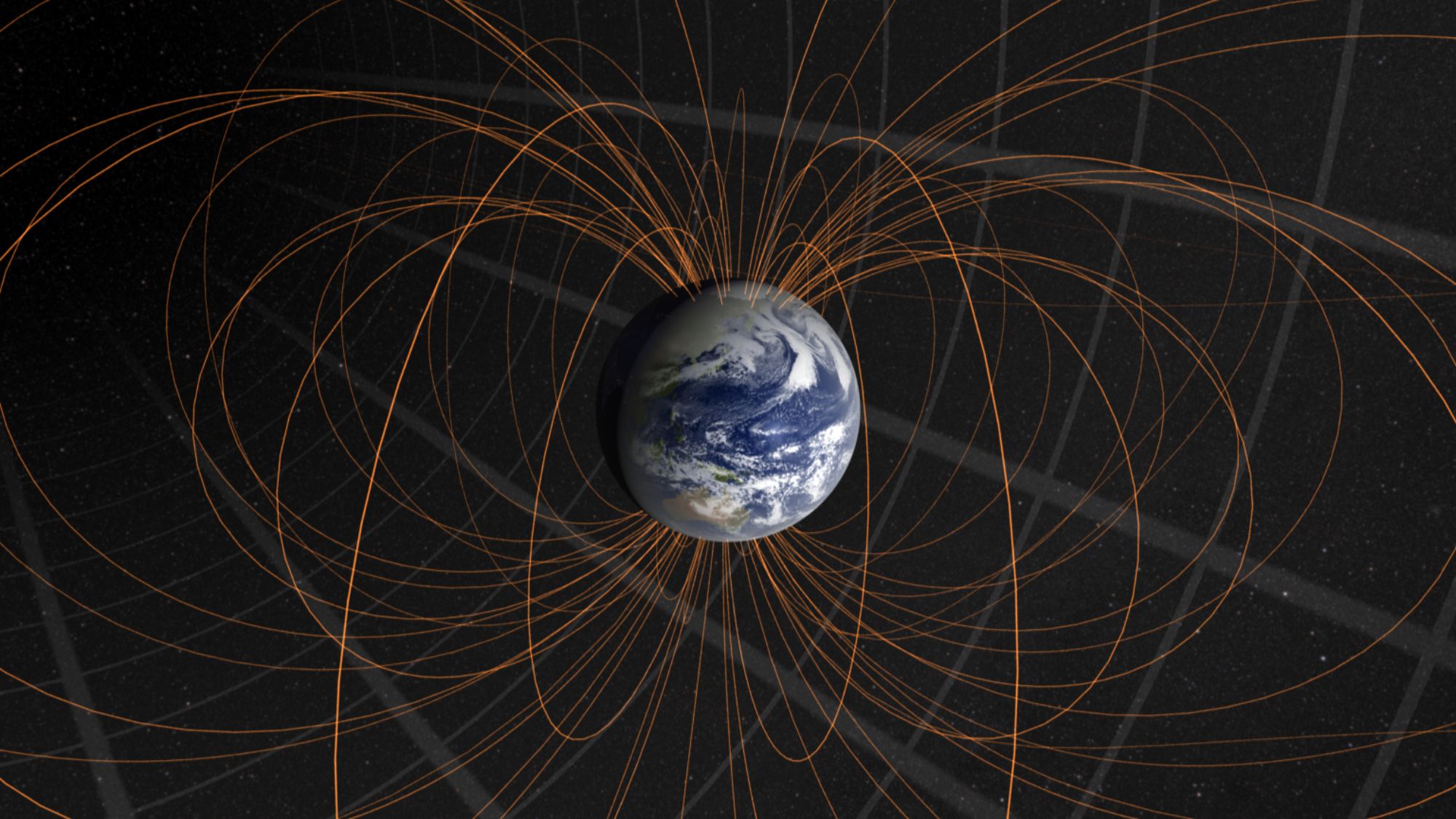 A visualization of Earth surrounded by orange loops that connect to its poles.