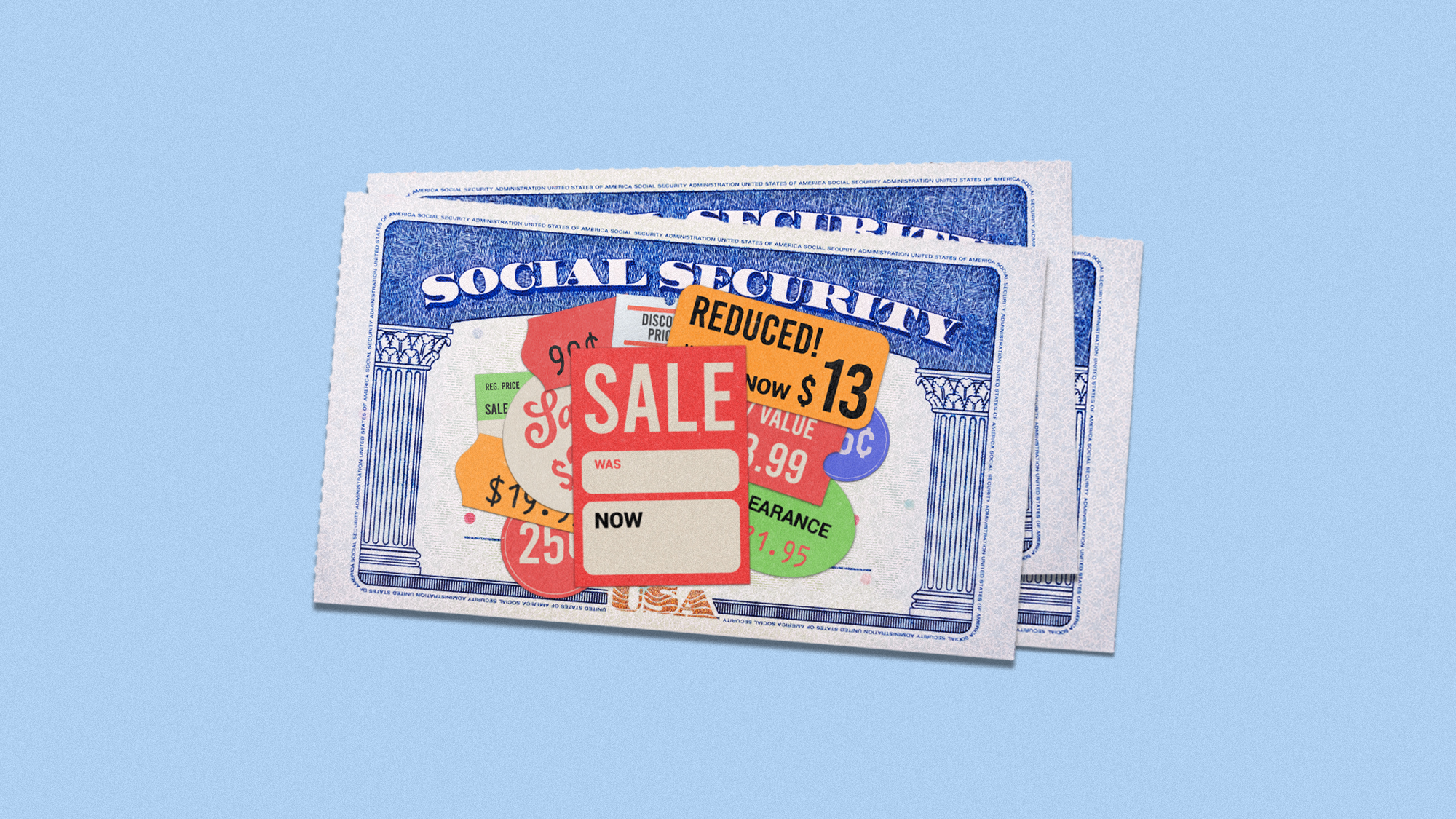 Illustration of Social Security cards covered in price stickers and sale tags