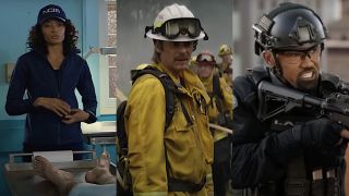 Olivia Swann investigating body in NCIS: Sydney/ Billy Burke in fire gear in Fire Country/ Shemar Moore wearing gear in S.W.A.T (side by side)