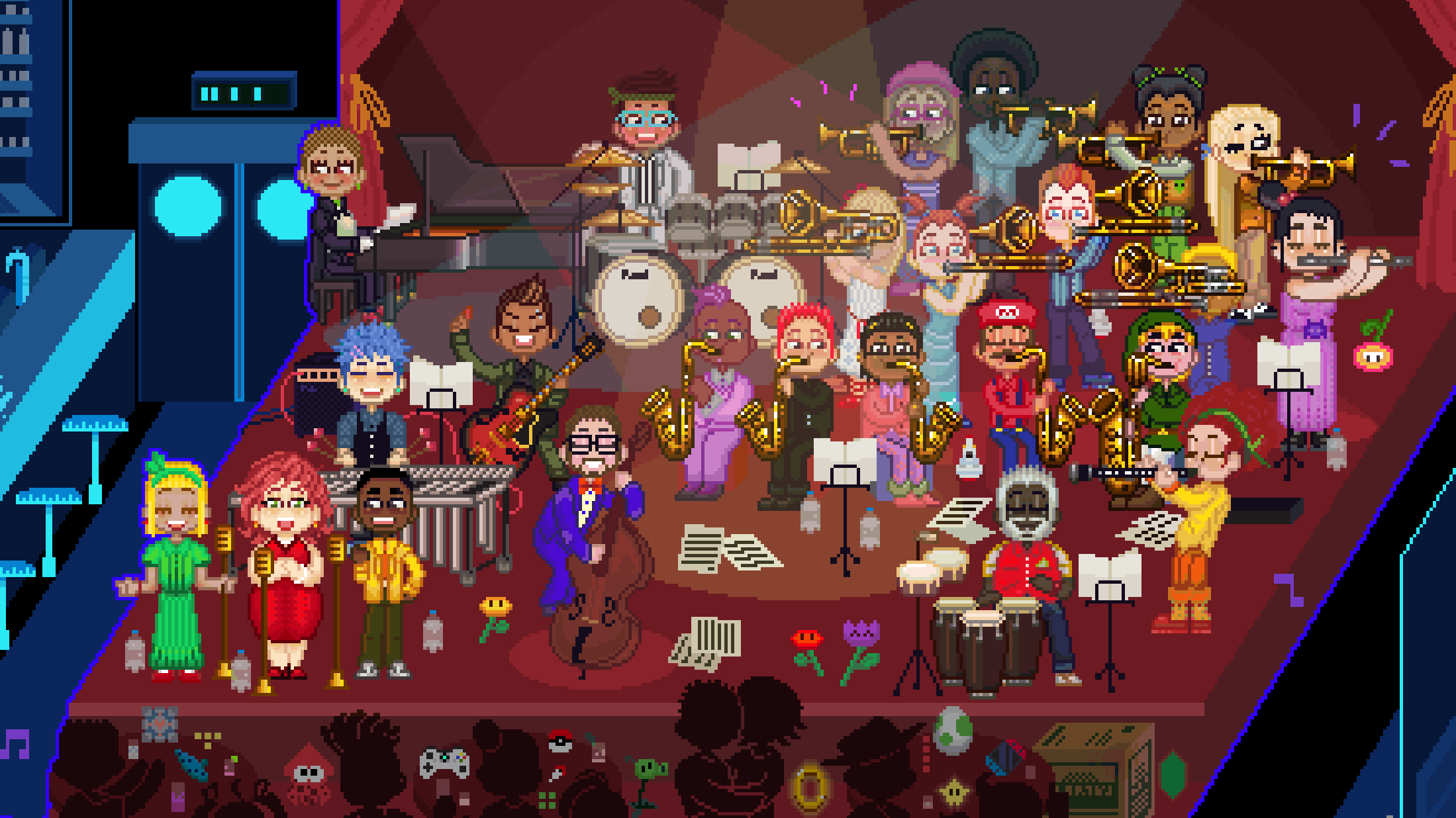 A pixellated 8-but style picture of an orchestra