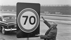 New 70mph speed limit sign, Minister of Transport Tom Fraser on the M4 motorway 