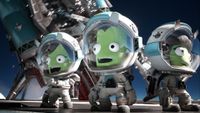 Kerbal Space Program 2 promo art - three Kerbals in spacesuits, smiling at the bold future that lies ahead
