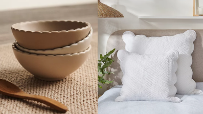 A split image showing a set of three stacked pinch bowls and two scalloped edge pillows.