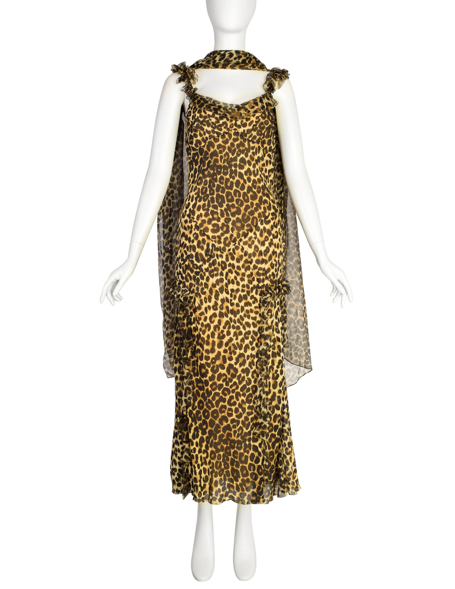 John Galliano Vintage Aw2002 Leopard Print Silk Chiffon Ruffle Bias Go