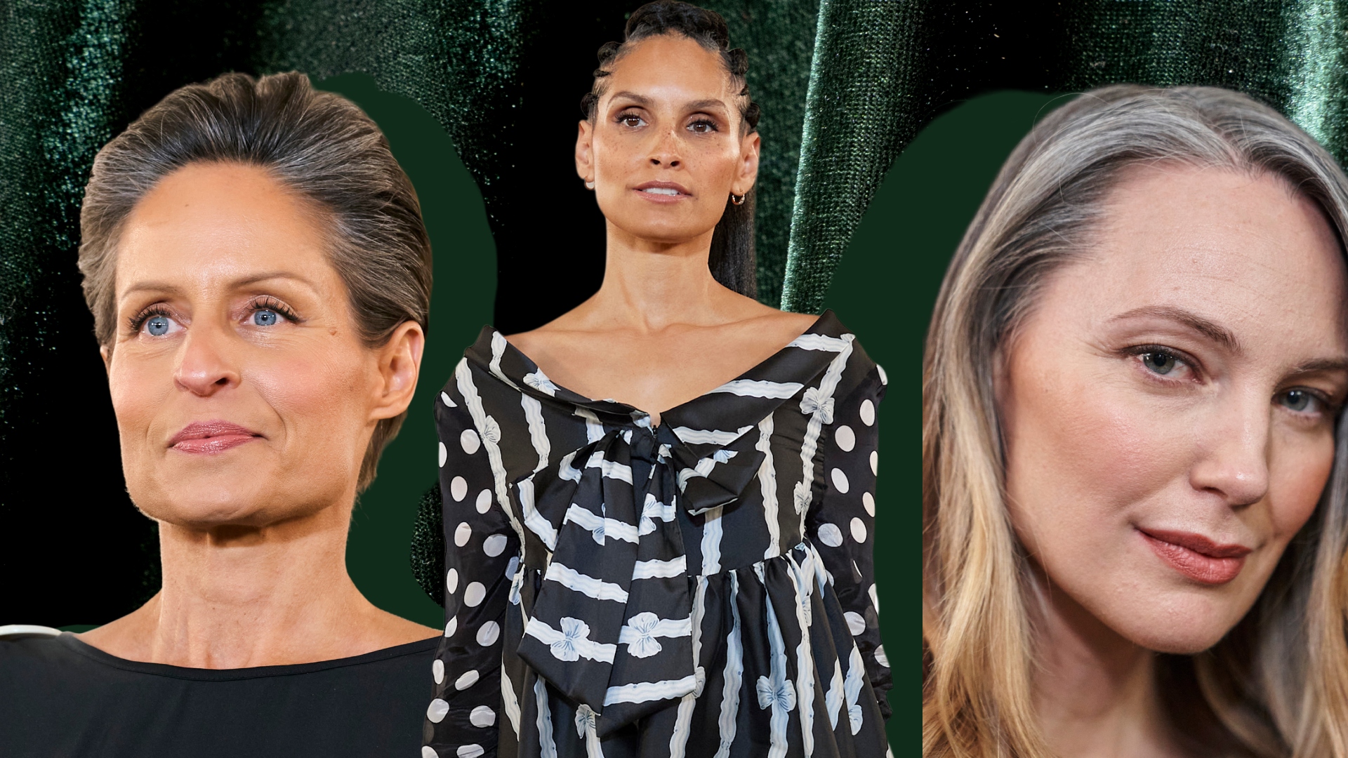 collage of menopausal women on green background