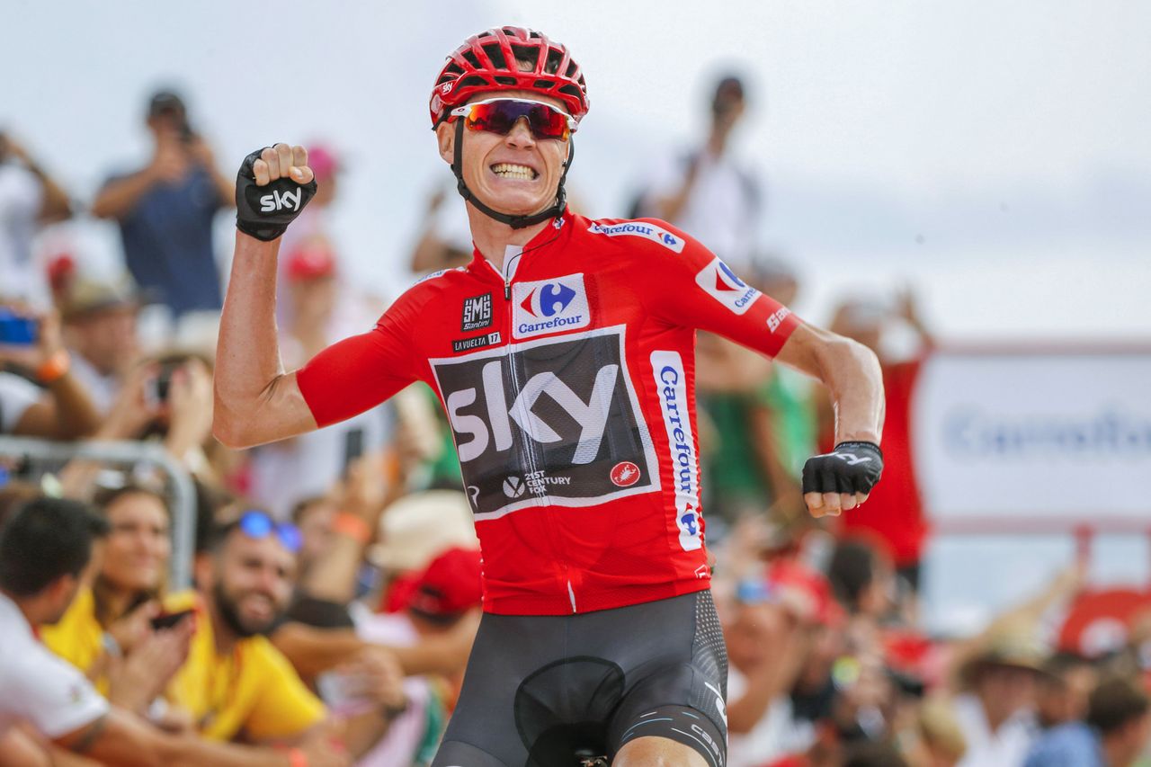 Chris Froome celebrates a stage victory at the Vuelta a Espa&ntilde;a.