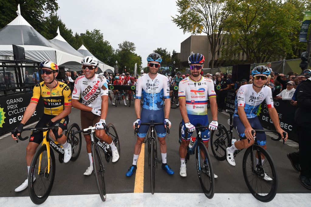 QUEBEC CITY QUEBEC SEPTEMBER 09 LR Wout Van Aert of Belgium and Team Jumbo Visma Greg Van Avermaet of Belgium and Ag2R Citroen Team Hugo Houle of Canada and Team Israel Premier Tech Peter Sagan of Slovakia and Team Total Energies and Guillaume Boivin of Canada and Team Israel Premier Tech during the 11th Grand Prix Cycliste de Qubec 2022 a 2016km one day race from Quebec to Quebec GPCQM on September 09 2022 in Quebec City Quebec Photo by Dario BelingheriGetty Images