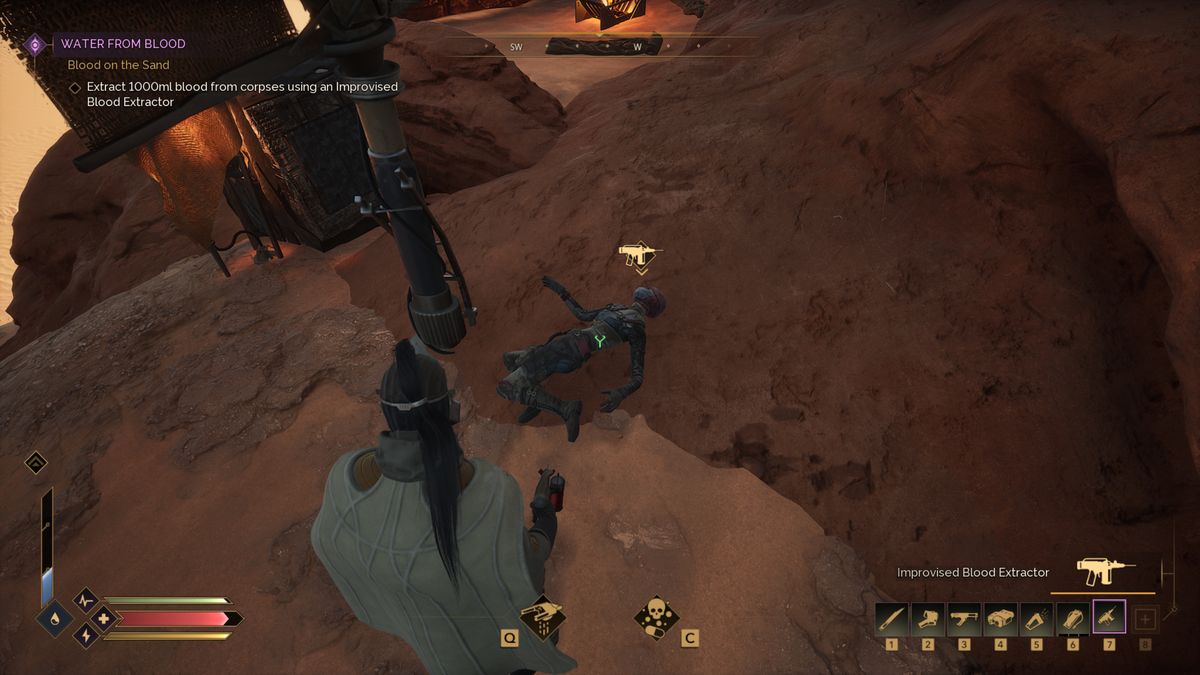 Dune: Awakening blood purifiers - A player looking at an enemy body, about to drain their blood.