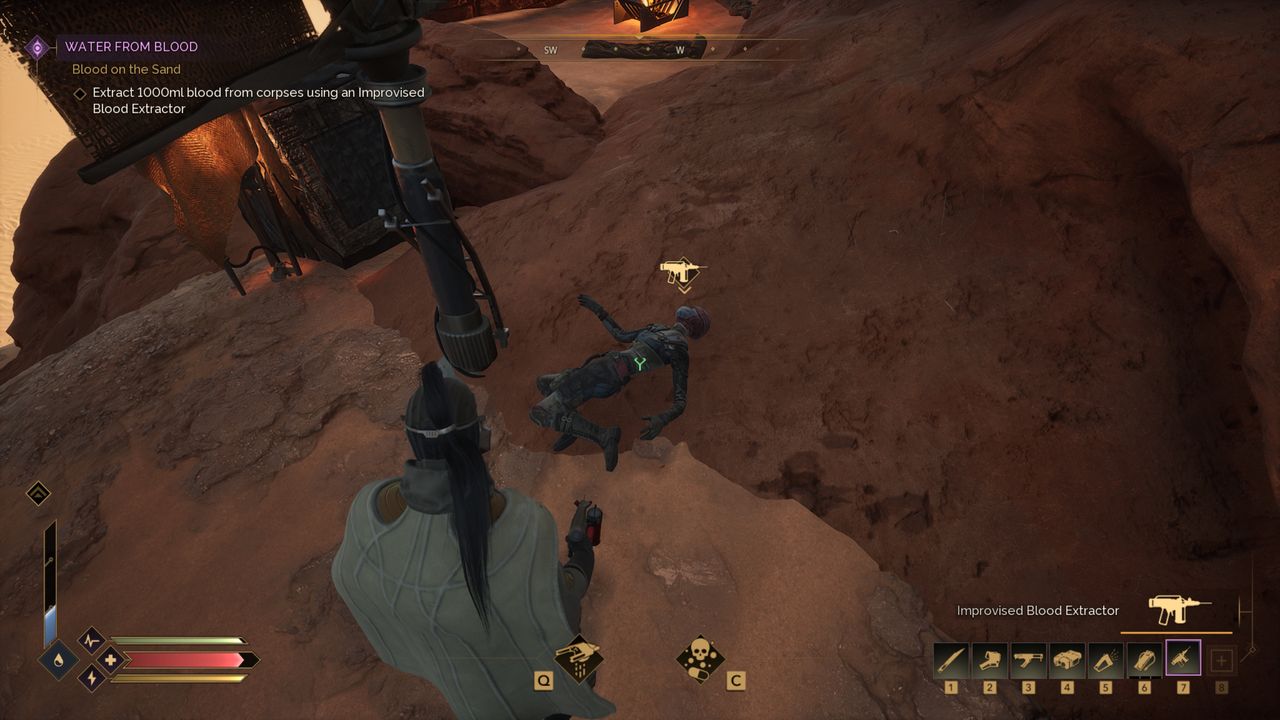 Dune: Awakening blood purifiers - A player looking at an enemy body, about to drain their blood.