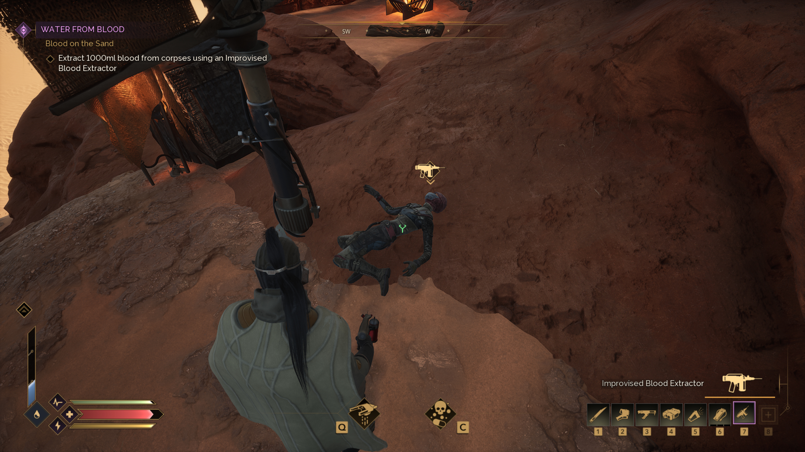 Dune: Awakening blood purifiers - A player looking at an enemy body, about to drain their blood.