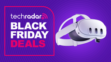 Meta Quest 3 headset floating next to a sign reading "TechRadar Black Friday Deals"