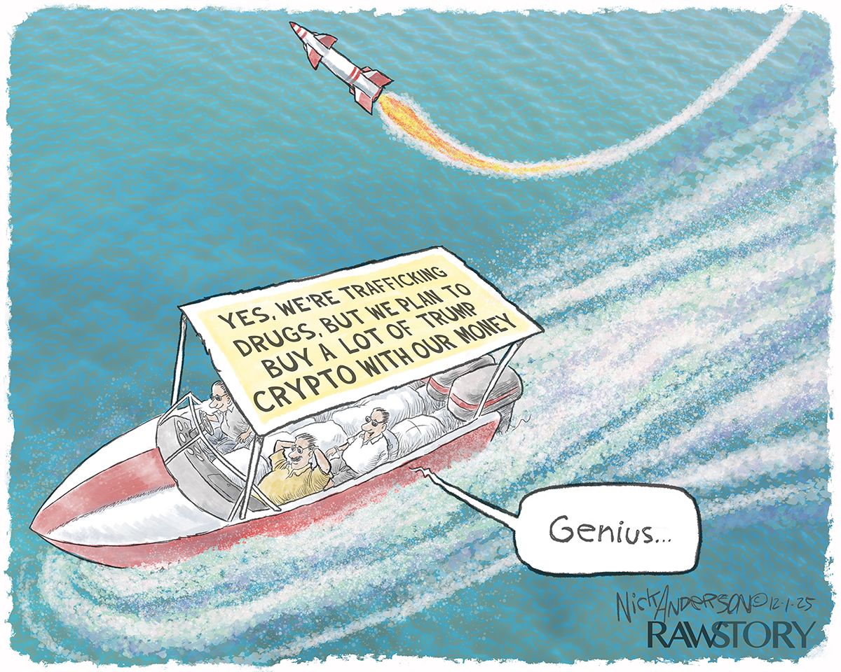 
                                This cartoon shows a missile headed to hit a boat before it swerves away. The boat has a sign on top that reads, “Yes, we’re trafficking drugs, but we plan to buy a lot of Trump crypto with our money.” A relaxed-looking man on the boat says, “Genius…”
                            