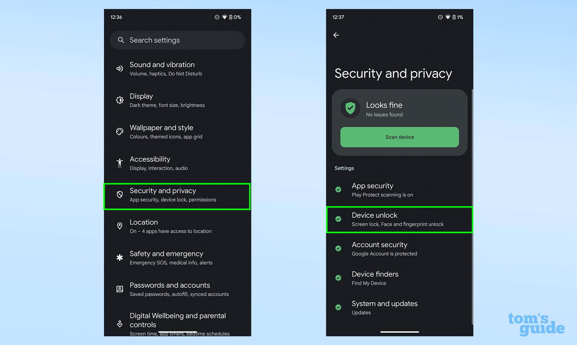 Скриншот, показывающий главное меню «Настройки» и подменю «Безопасность и конфиденциальность» в Android 14.