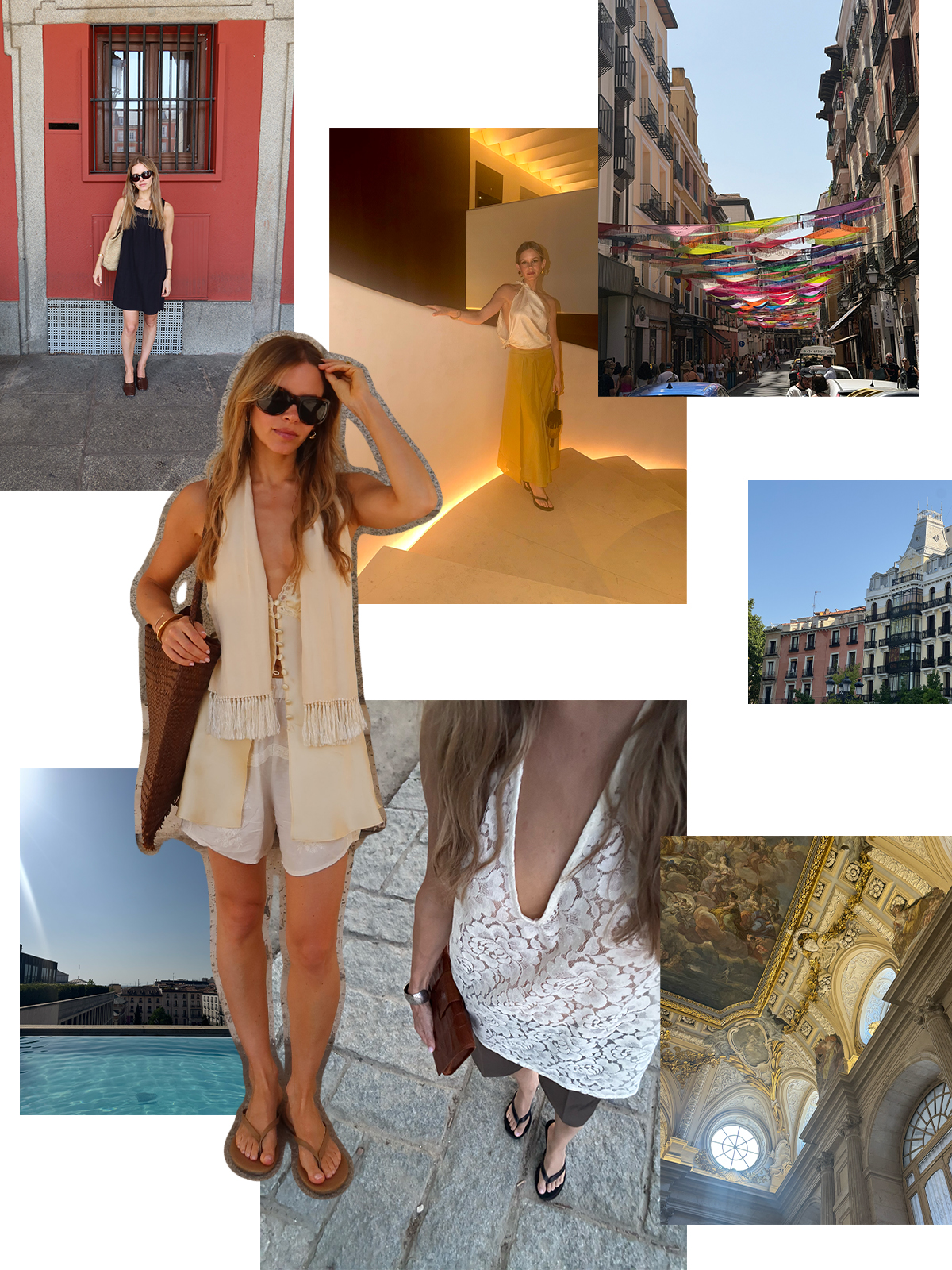 a collage of images from madrid, including the outfits nikki wore.
