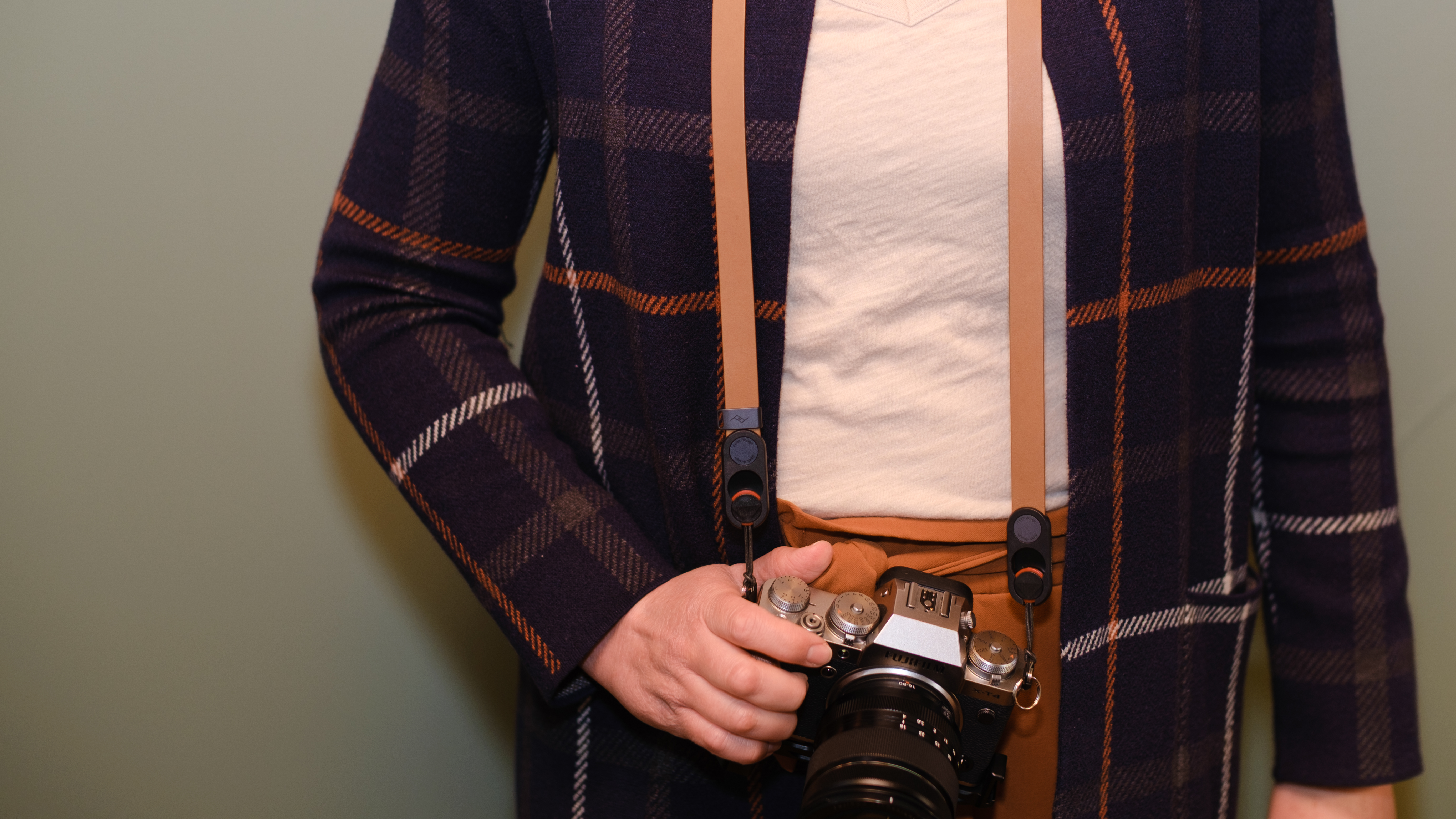 The Peak Design Form leather camera strap in the Amber color