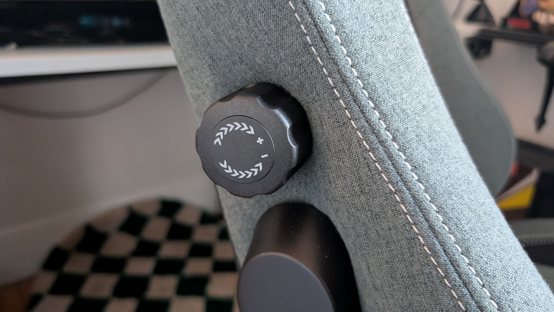 A close up of the lumbar controls on the Boulies Master Rex