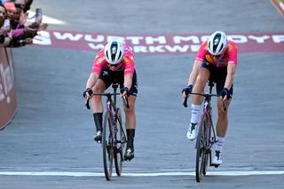 SD Worx teammates Lotte Kopecky and Demi Vollering sprint at finish line to win during Strade Bianche 2023 