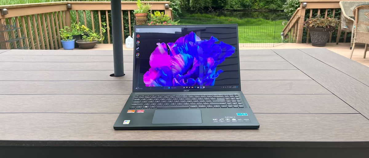 Acer Swift Edge 16 (2023) on a picnic table outdoors