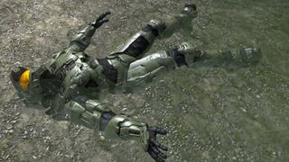 Halo's Master Chief laying in a body of water on his back with his arms and legs out to the side.
