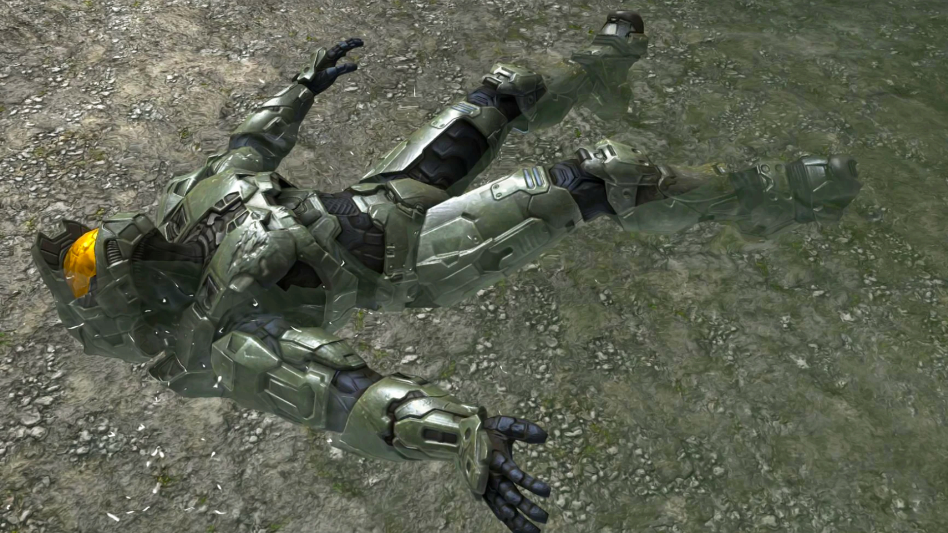 Halo's Master Chief laying in a body of water on his back with his arms and legs out to the side.