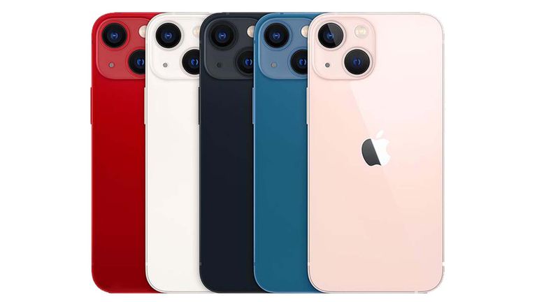 The best small phones hero image showing an Apple iPhone 13 mini in various colours, including red, white, black, blue and pink