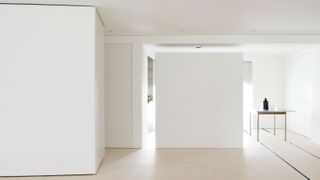 Minimalist white room with shadow gap instead of skirting boards
