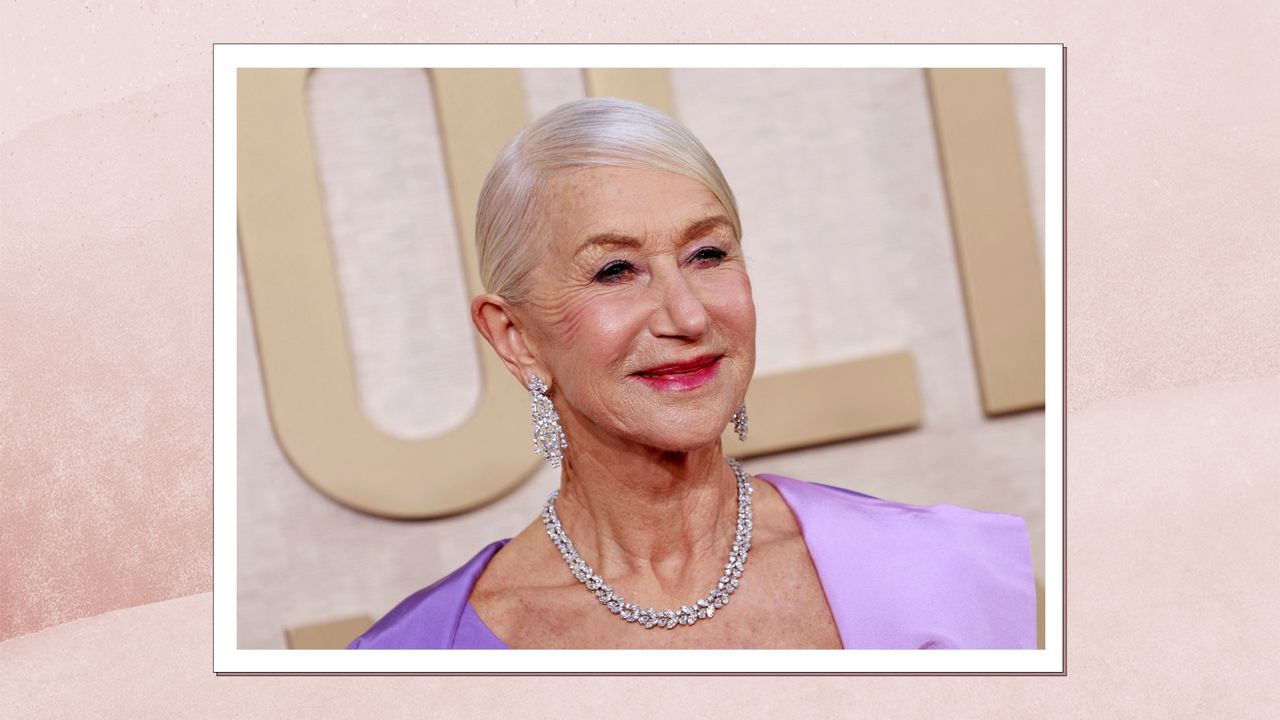 Helen Mirren pictured with glossy, white hair at the 81st annual Golden Globe Awards at The Beverly Hilton hotel in Beverly Hills, California, on January 7, 2024./ In a pink gradient watercolour template