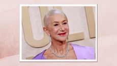 Helen Mirren pictured with glossy, white hair at the 81st annual Golden Globe Awards at The Beverly Hilton hotel in Beverly Hills, California, on January 7, 2024./ In a pink gradient watercolour template