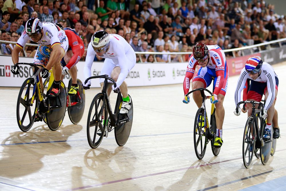 Joachim Eilers of Germany (C) wins the final of the Mens Keirin