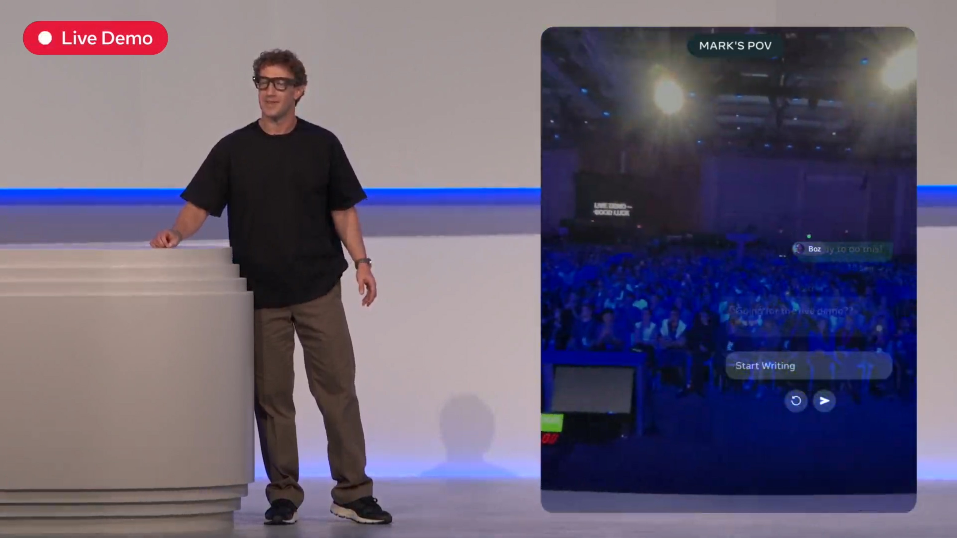 Mark Zuckerberg showing how to type live with the neural band on Meta Ray-Ban Display Glasses