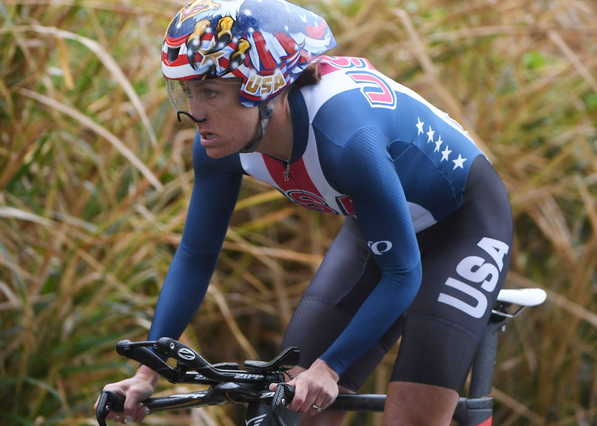 Kristin Armstrong (USA) gets out of the saddle
