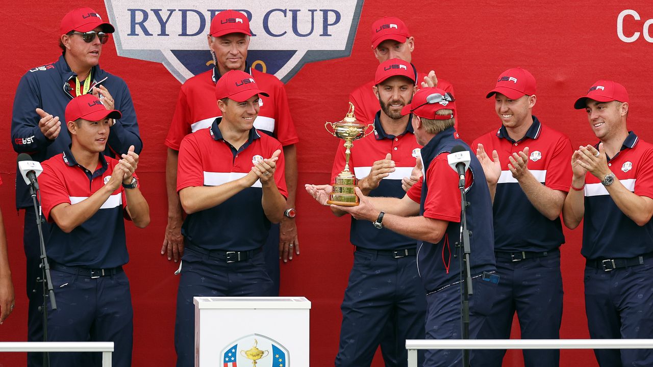 Team USA celebrate after its win in the 2021 Ryder Cup at Whistling Straits