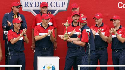 Team USA celebrate after its win in the 2021 Ryder Cup at Whistling Straits