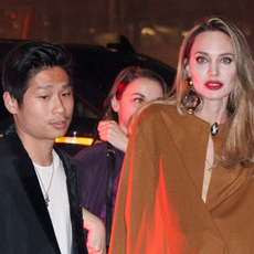 Angelina Jolie and Pax Jolie-Pitt arrive at the afterparty of "The Outsiders" on April 11, 2024 in New York City. 