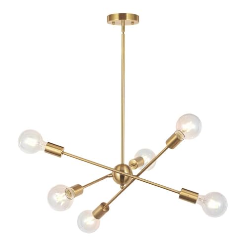 Bonlicht Modern Sputnik Chandelier Lighting 6 Lights Brushed Brass Chandelier Mid Century Pendant Lighting Gold Ceiling Light Fixture for Hallway Bar Kitchen Dining Room