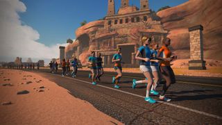 A scene from Watopia in the Zwift for runners app