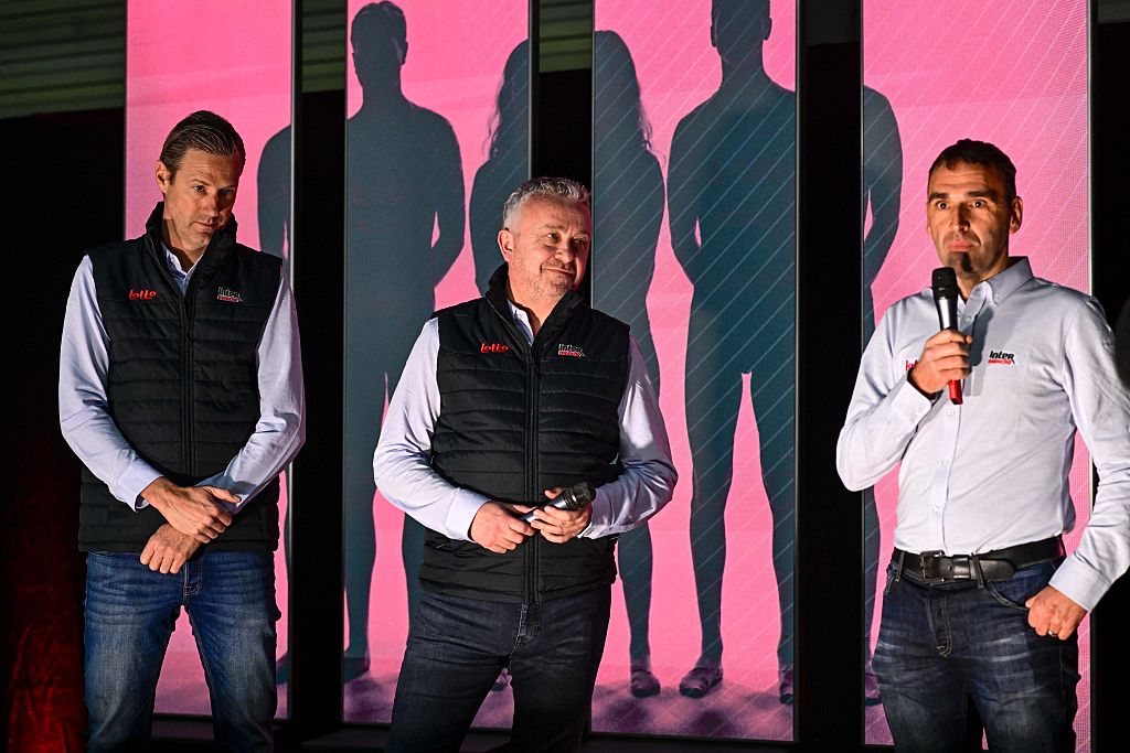Lotto-Intermarch&eacute;'s CEO Jean-Fran&ccedil;ois Bourlart (c) at the 2026 team presentation