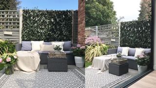 garden seating area in front of artificial foliage over trellis panel