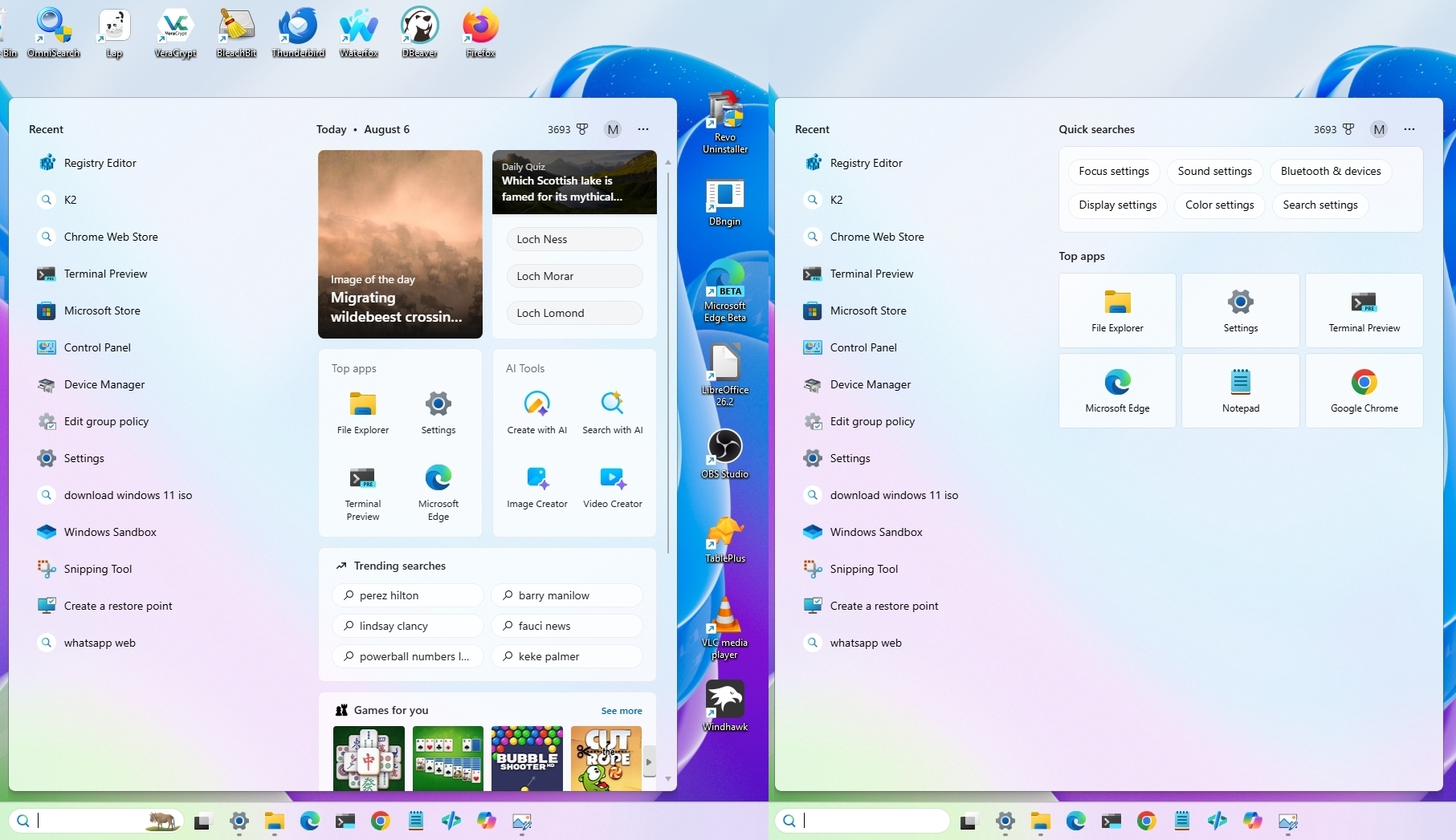 Windows 11 desktop and search Home cluttered vs clean view