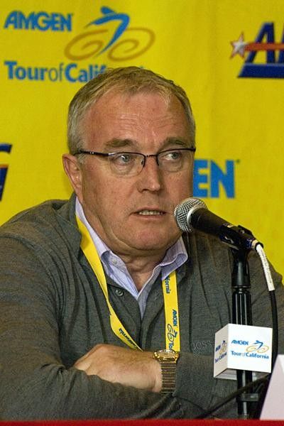 Pat McQuaid faces questions from the press in California.