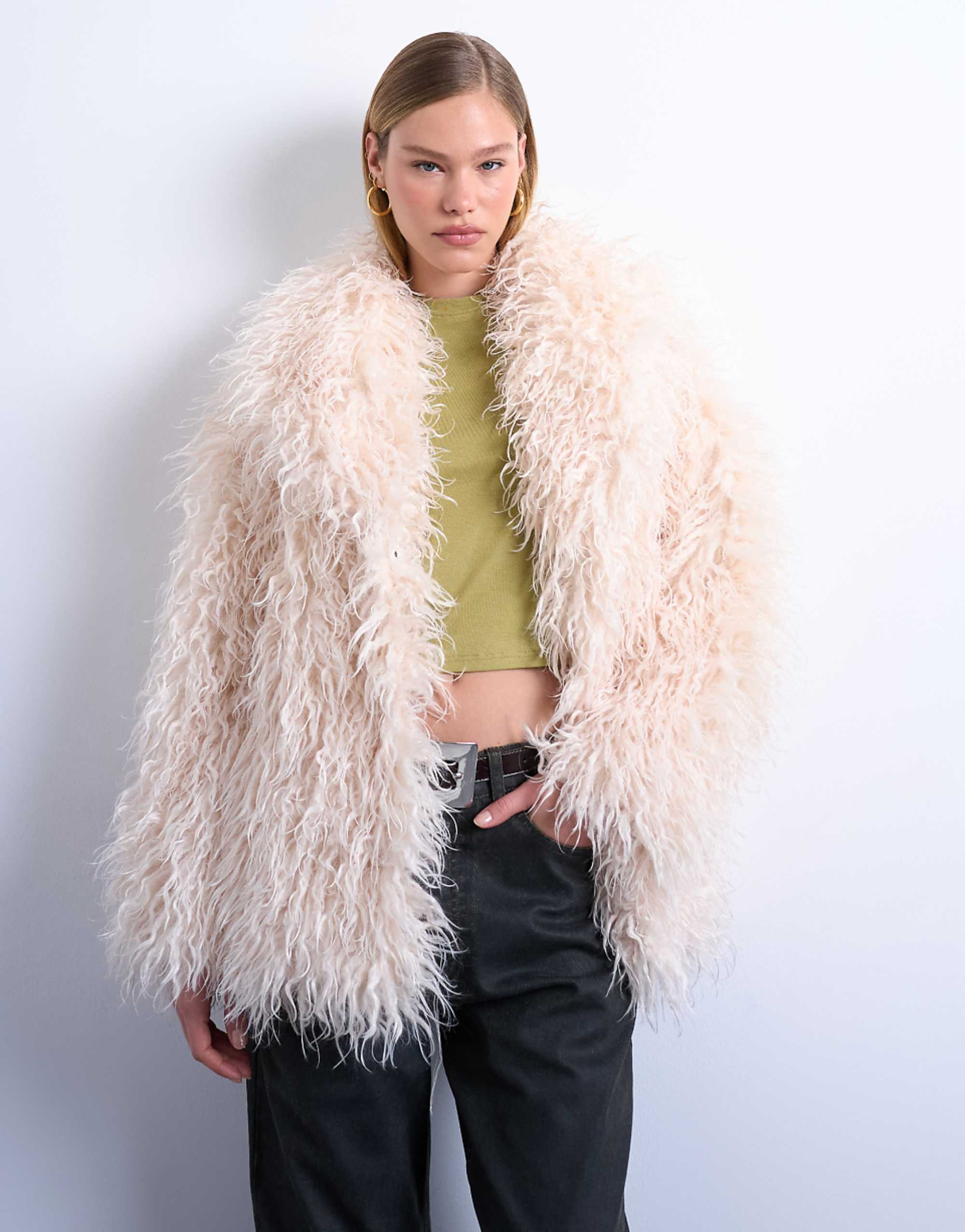 Topshop Mongolian Faux Fur Funnel Neck Mid Length Coat in White