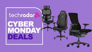 A FlexiSpot C7, Herman Miller Embody, and Secretlab Titan Evo office chair on a purple background next to a TechRadar badge reading 'Cyber Monday deals'