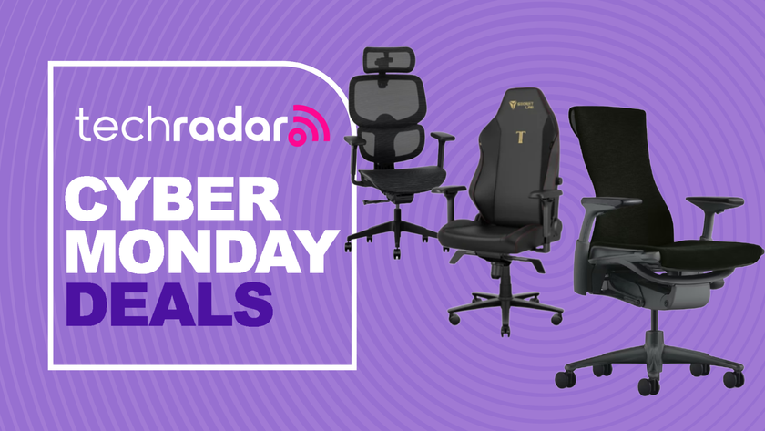 A FlexiSpot C7, Herman Miller Embody, and Secretlab Titan Evo office chair on a purple background next to a TechRadar badge reading &#039;Cyber Monday deals&#039;