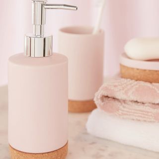 blush pink chrome and cork bathroom accessories