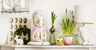 Easter mantel decor idea using existing homeware that can be transformed into an Easter display