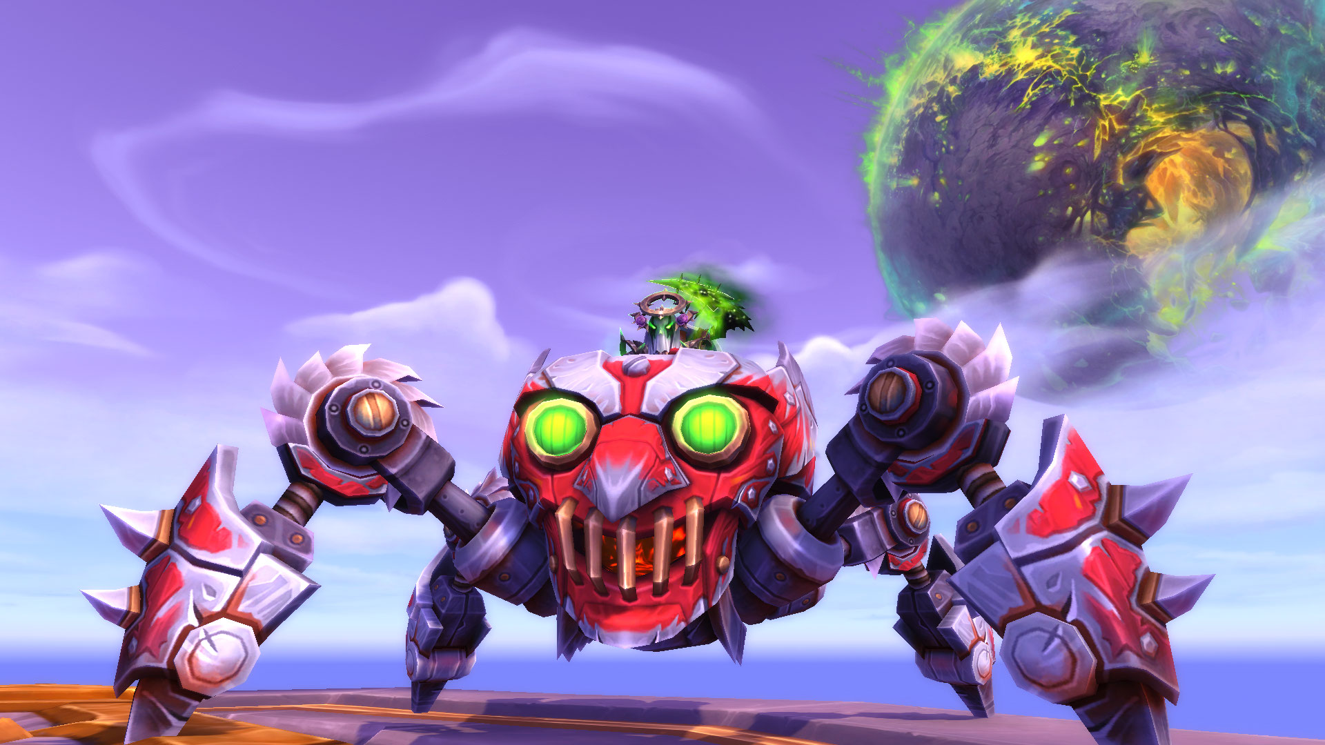 In-game screenshot of my Goblin Death Knight riding a Crimson Shreddertank in World of Warcraft: Legion Remix