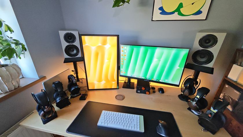 Photos of a home desktop with passive speakers and stackable DAC and amp. 