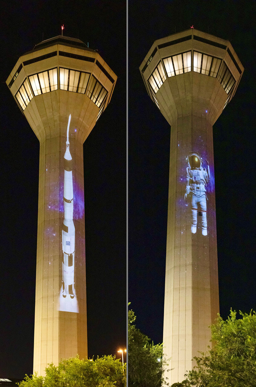Views of the control tower at Perth Airport in Australia lit for the first time in celebration of the 60th anniversary of John Glenn's Mercury mission and his flight over the City of Lights in 1962.