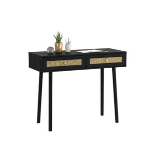 black wood desk with rattan drawers